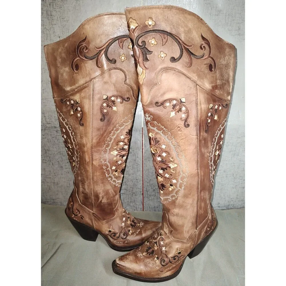 Dan Post Jilted Knee High Flower Embroidery Western Boots Sz 8.5M